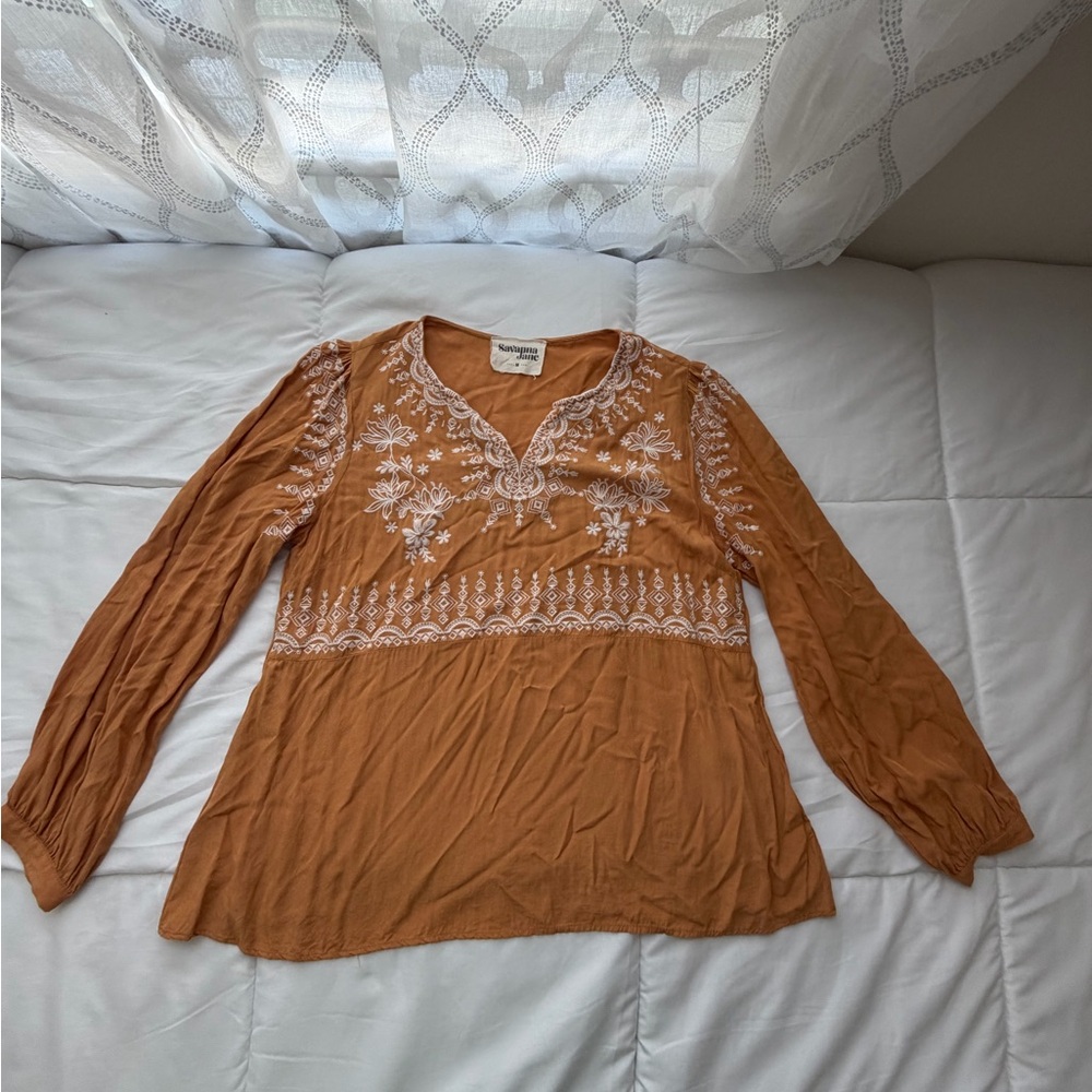 Savanna Jane Boho Peasant Blouse Size M Yellow Embroidered Floral Long Sleeve - Picture 7 of 15
